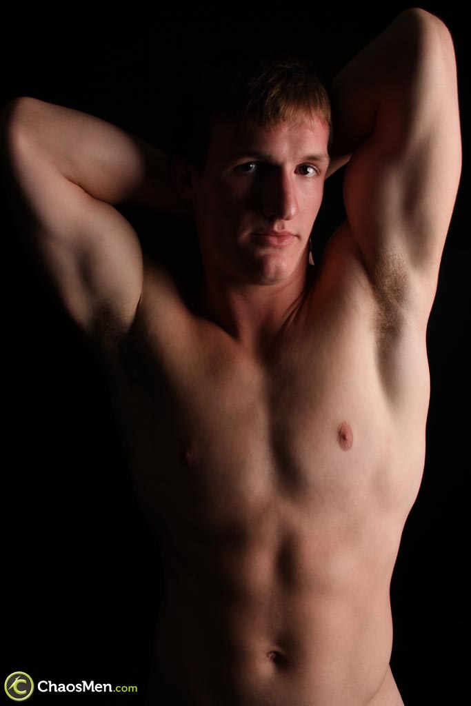 Muscular gay model Deryck Campbell poses naked and jerks off in a solo  