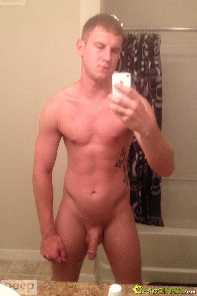 Amateur gay guy takes selfies of his lean body & big dick in the mirror  