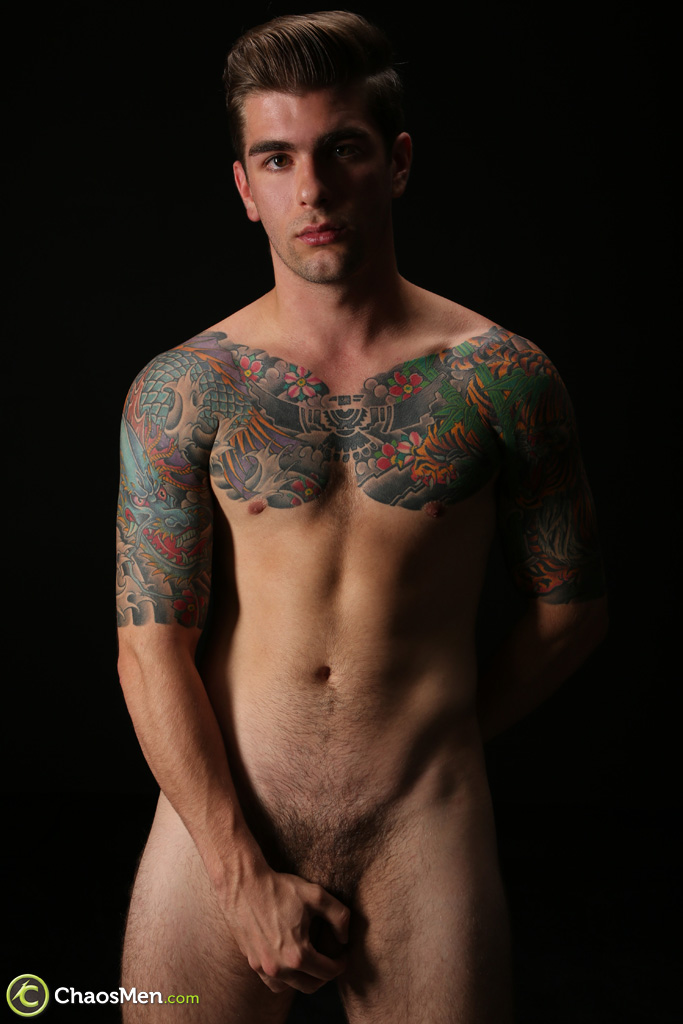 Handsome gay model Shiloh strips & exposes his inked body, huge dick & big ass  