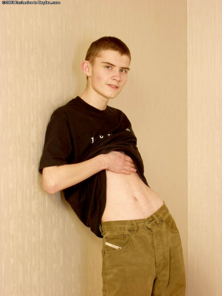 Skinny gay teen boy Viktor rubs his hairy uncut dick and big ass