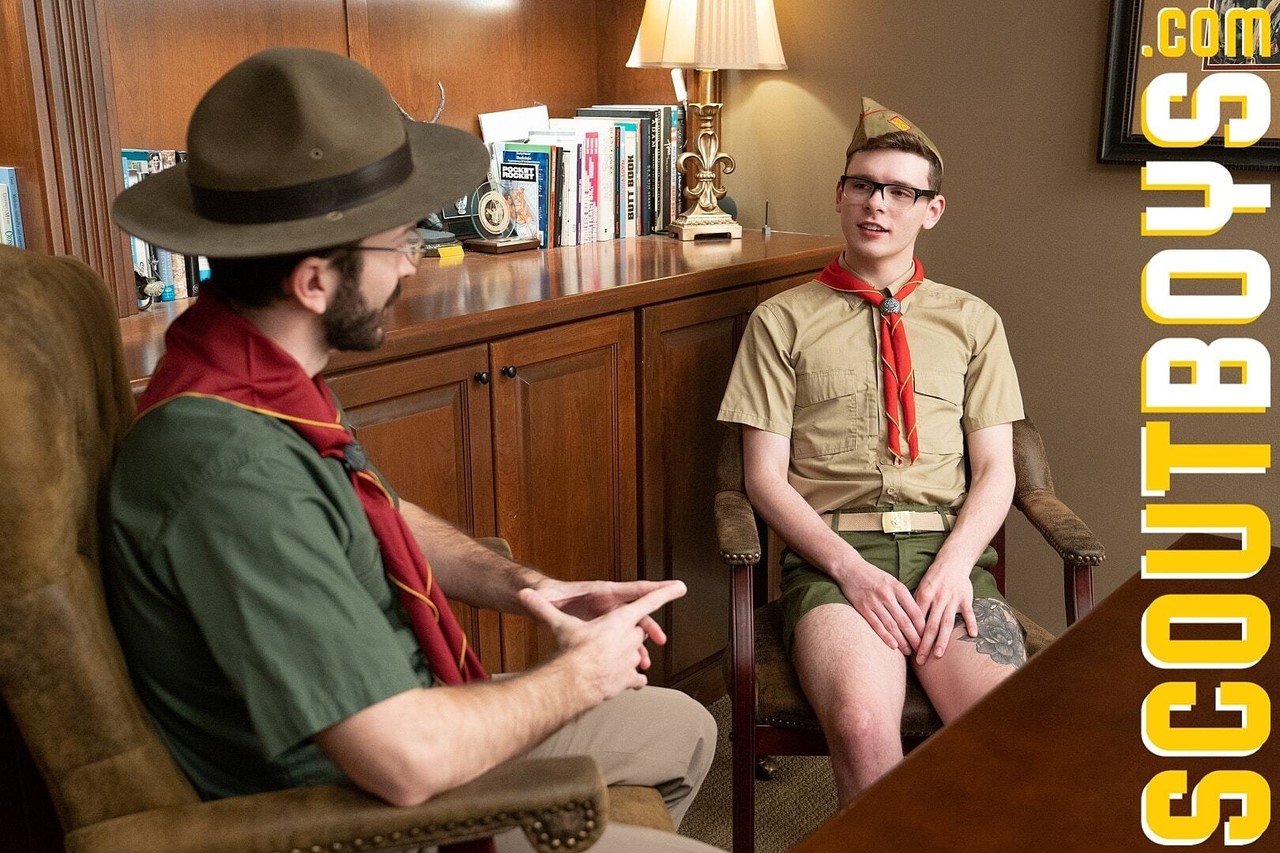 Nerdy twink Ethan gets his asshole rubbed & licked by gay scoutmaster Barrett